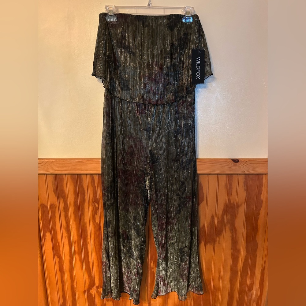 Wildfox Metallic Benicia Strapless Plisse Jumpsuit